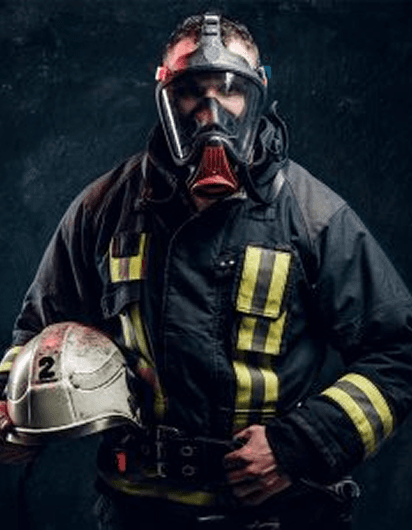 Firefighter with full face mask and gear